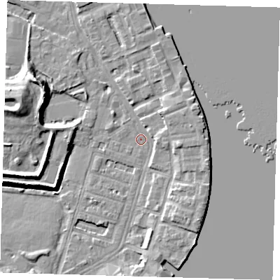 Shaded relief map of the ground around E143HY, computed from Environment Agency LiDAR. The ground here sits at about 2 m above sea level and falls 12 m across the surrounding 800 m. Surface water reaching this point runs off ground lying to the east-south-east, 5.0 m higher.
