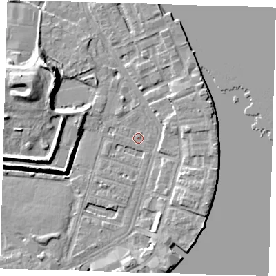 Shaded relief map of the ground around E143HZ, computed from Environment Agency LiDAR. The ground here sits at about 2 m above sea level and falls 12 m across the surrounding 800 m. Surface water reaching this point runs off ground lying to the east, 5.0 m higher.