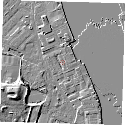 Shaded relief map of the ground around E143JJ, computed from Environment Agency LiDAR. The ground here sits at about 4 m above sea level and falls 12 m across the surrounding 800 m. Surface water reaching this point runs off ground lying to the north-east, 3.1 m higher.