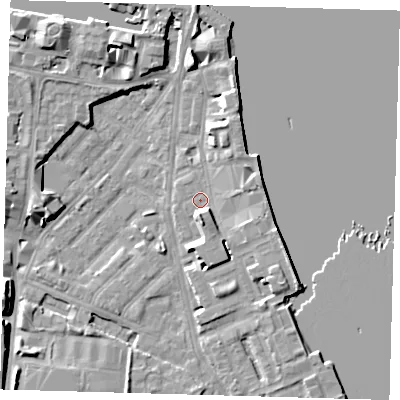 Shaded relief map of the ground around E143JP, computed from Environment Agency LiDAR. The ground here sits at about 3 m above sea level and falls 9 m across the surrounding 800 m. Surface water reaching this point runs off ground lying to the east-north-east, 2.9 m higher.