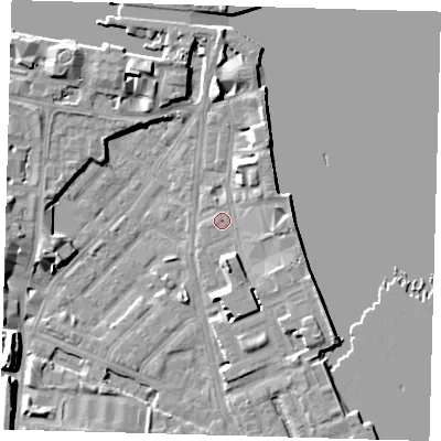 Shaded relief map of the ground around E143JR, computed from Environment Agency LiDAR. The ground here sits at about 3 m above sea level and falls 9 m across the surrounding 800 m. Surface water reaching this point runs off ground lying to the west-south-west, 0.6 m higher.