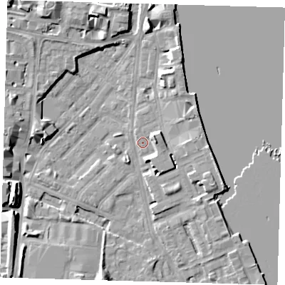 Shaded relief map of the ground around E143JW, computed from Environment Agency LiDAR. The ground here sits at about 3 m above sea level and falls 9 m across the surrounding 800 m. Surface water reaching this point runs off ground lying to the west-south-west, 8.8 m higher.