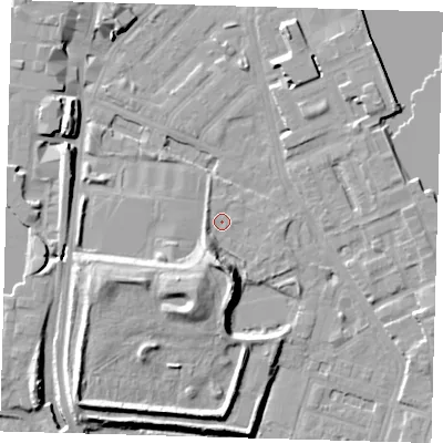 Shaded relief map of the ground around E143JY, computed from Environment Agency LiDAR. The ground here sits at about 3 m above sea level and falls 13 m across the surrounding 800 m. Surface water reaching this point runs off ground lying to the south-south-west, 4.5 m higher.