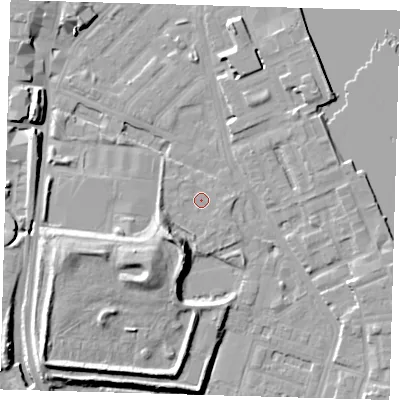 Shaded relief map of the ground around E143JZ, computed from Environment Agency LiDAR. The ground here sits at about 3 m above sea level and falls 13 m across the surrounding 800 m. Surface water reaching this point runs off ground lying to the south-west, 4.5 m higher.