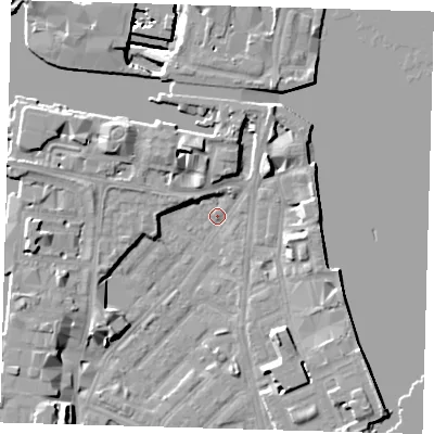 Shaded relief map of the ground around E143LA, computed from Environment Agency LiDAR. The ground here sits at about 2 m above sea level and falls 11 m across the surrounding 800 m. Surface water reaching this point runs off ground lying to the north-west, 6.6 m higher.