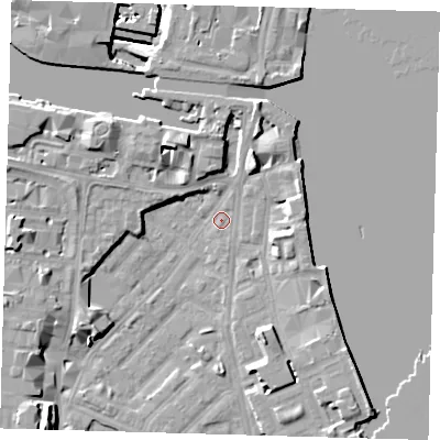 Shaded relief map of the ground around E143LB, computed from Environment Agency LiDAR. The ground here sits at about 2 m above sea level and falls 12 m across the surrounding 800 m. Surface water reaching this point runs off ground lying to the north-north-west, 7.1 m higher.