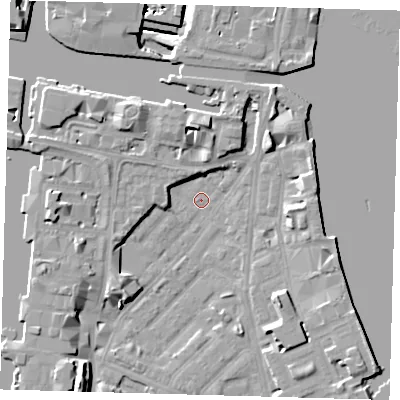 Shaded relief map of the ground around E143LD, computed from Environment Agency LiDAR. The ground here sits at about 1 m above sea level and falls 12 m across the surrounding 800 m. Surface water reaching this point runs off ground lying to the north-west, 6.6 m higher.