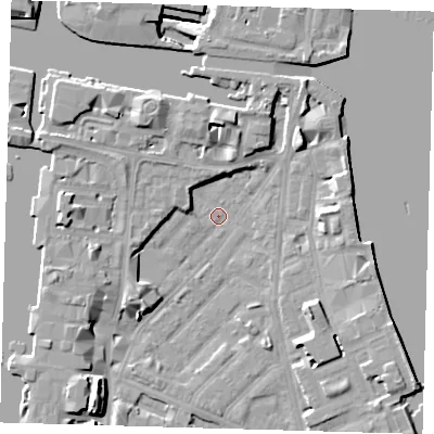 Shaded relief map of the ground around E143LE, computed from Environment Agency LiDAR. The ground here sits at about 1 m above sea level and falls 12 m across the surrounding 800 m. Surface water reaching this point runs off ground lying to the south-west, 8.2 m higher.