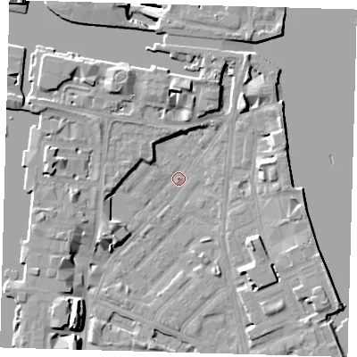 Shaded relief map of the ground around E143LF, computed from Environment Agency LiDAR. The ground here sits at about 2 m above sea level and falls 12 m across the surrounding 800 m. Surface water reaching this point runs off ground lying to the south-west, 8.8 m higher.