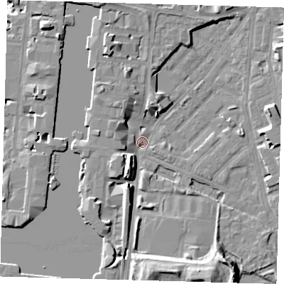 Shaded relief map of the ground around E143LH, computed from Environment Agency LiDAR. The ground here sits at about 2 m above sea level and falls 14 m across the surrounding 800 m. Surface water reaching this point runs off ground lying to the south, 11.7 m higher.