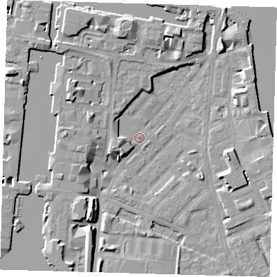 Shaded relief map of the ground around E143LL, computed from Environment Agency LiDAR. The ground here sits at about 2 m above sea level and falls 10 m across the surrounding 800 m. Surface water reaching this point runs off ground lying to the south-west, 5.9 m higher.