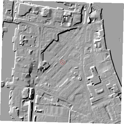 Shaded relief map of the ground around E143LN, computed from Environment Agency LiDAR. The ground here sits at about 2 m above sea level and falls 9 m across the surrounding 800 m. Surface water reaching this point runs off ground lying to the south-west, 8.8 m higher.