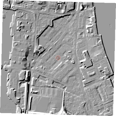 Shaded relief map of the ground around E143LP, computed from Environment Agency LiDAR. The ground here sits at about 1 m above sea level and falls 10 m across the surrounding 800 m. Surface water reaching this point runs off ground lying to the east-south-east, 3.0 m higher.