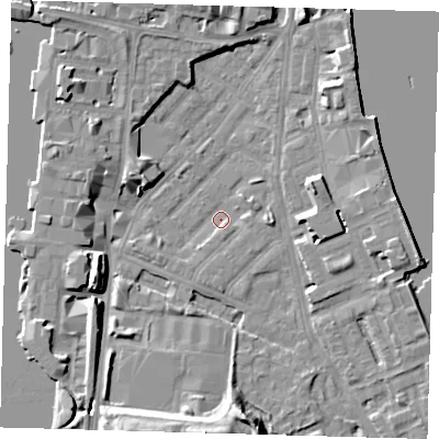 Shaded relief map of the ground around E143LR, computed from Environment Agency LiDAR. The ground here sits at about 1 m above sea level and falls 11 m across the surrounding 800 m. Surface water reaching this point runs off ground lying to the east, 2.9 m higher.