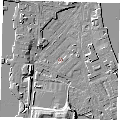 Shaded relief map of the ground around E143LS, computed from Environment Agency LiDAR. The ground here sits at about 1 m above sea level and falls 12 m across the surrounding 800 m. Surface water reaching this point runs off ground lying to the east, 2.9 m higher.