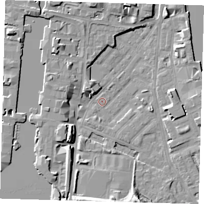 Shaded relief map of the ground around E143LT, computed from Environment Agency LiDAR. The ground here sits at about 1 m above sea level and falls 10 m across the surrounding 800 m. Surface water reaching this point runs off ground lying to the south-west, 8.8 m higher.