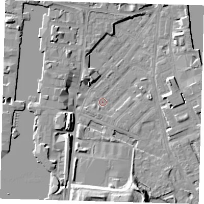 Shaded relief map of the ground around E143LU, computed from Environment Agency LiDAR. The ground here sits at about 1 m above sea level and falls 12 m across the surrounding 800 m. Surface water reaching this point runs off ground lying to the east, 3.0 m higher.