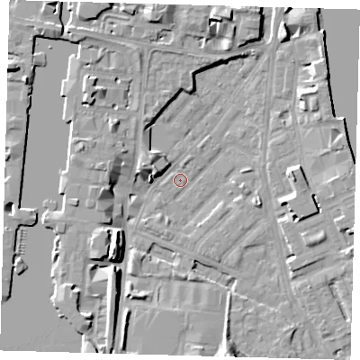 Shaded relief map of the ground around E143LW, computed from Environment Agency LiDAR. The ground here sits at about 1 m above sea level and falls 9 m across the surrounding 800 m. Surface water reaching this point runs off ground lying to the south-west, 8.8 m higher.