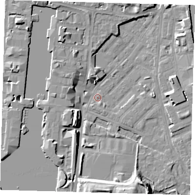 Shaded relief map of the ground around E143LX, computed from Environment Agency LiDAR. The ground here sits at about 2 m above sea level and falls 12 m across the surrounding 800 m. Surface water reaching this point runs off ground lying to the south, 11.7 m higher.