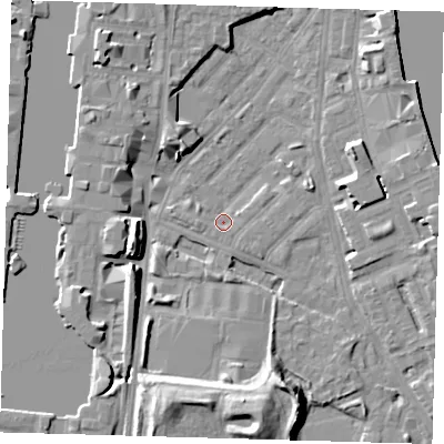 Shaded relief map of the ground around E143LY, computed from Environment Agency LiDAR. The ground here sits at about 2 m above sea level and falls 12 m across the surrounding 800 m. Surface water reaching this point runs off ground lying to the west, 1.8 m higher.