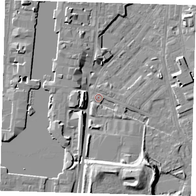 Shaded relief map of the ground around E143NA, computed from Environment Agency LiDAR. The ground here sits at about 2 m above sea level and falls 12 m across the surrounding 800 m. Surface water reaching this point runs off ground lying to the south-south-west, 3.2 m higher.