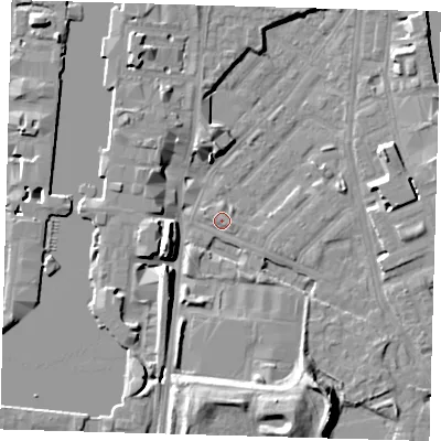 Shaded relief map of the ground around E143NB, computed from Environment Agency LiDAR. The ground here sits at about 3 m above sea level and falls 12 m across the surrounding 800 m. Surface water reaching this point runs off ground lying to the east-south-east, 1.0 m higher.