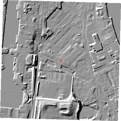 Shaded relief map of the ground around E143ND, computed from Environment Agency LiDAR. The ground here sits at about 2 m above sea level and falls 12 m across the surrounding 800 m. Surface water reaching this point runs off ground lying to the south-east, 0.5 m higher.