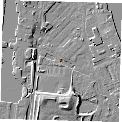 Shaded relief map of the ground around E143NE, computed from Environment Agency LiDAR. The ground here sits at about 2 m above sea level and falls 12 m across the surrounding 800 m. Surface water reaching this point runs off ground lying to the south, 12.1 m higher.