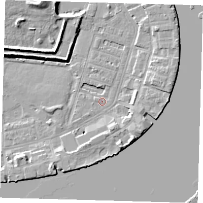 Shaded relief map of the ground around E143NF, computed from Environment Agency LiDAR. The ground here sits at about 2 m above sea level and falls 12 m across the surrounding 800 m. Surface water reaching this point runs off ground lying to the east-north-east, 6.4 m higher.