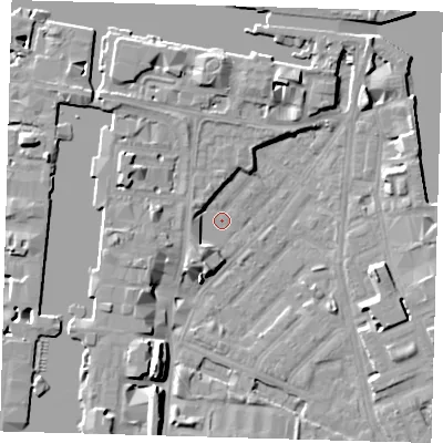 Shaded relief map of the ground around E143NH, computed from Environment Agency LiDAR. The ground here sits at about 2 m above sea level and falls 10 m across the surrounding 800 m. Surface water reaching this point runs off ground lying to the south-south-west, 4.5 m higher.