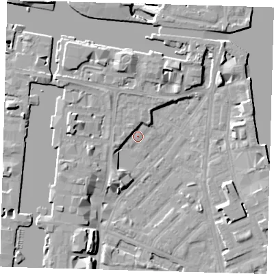 Shaded relief map of the ground around E143NJ, computed from Environment Agency LiDAR. The ground here sits at about 2 m above sea level and falls 12 m across the surrounding 800 m. Surface water reaching this point runs off ground lying to the south-south-west, 8.8 m higher.