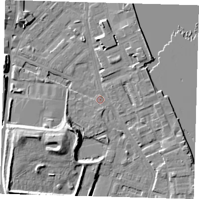 Shaded relief map of the ground around E143NN, computed from Environment Agency LiDAR. The ground here sits at about 2 m above sea level and falls 12 m across the surrounding 800 m. Surface water reaching this point runs off ground lying to the east-south-east, 4.6 m higher.