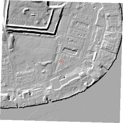 Shaded relief map of the ground around E143NQ, computed from Environment Agency LiDAR. The ground here sits at about 2 m above sea level and falls 11 m across the surrounding 800 m. Surface water reaching this point runs off ground lying to the south-west, 1.5 m higher.