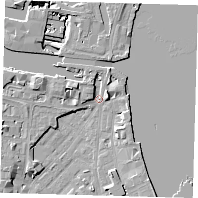 Shaded relief map of the ground around E143NT, computed from Environment Agency LiDAR. The ground here sits at about 1 m above sea level and falls 12 m across the surrounding 800 m. Surface water reaching this point runs off ground lying to the north-north-east, 5.5 m higher.