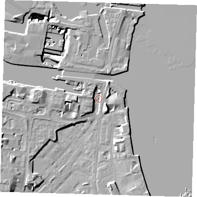 Shaded relief map of the ground around E143NU, computed from Environment Agency LiDAR. The ground here sits at about 2 m above sea level and falls 12 m across the surrounding 800 m. Surface water reaching this point runs off ground lying to the north-north-east, 5.5 m higher.