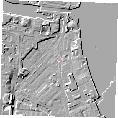 Shaded relief map of the ground around E143NX, computed from Environment Agency LiDAR. The ground here sits at about 2 m above sea level and falls 11 m across the surrounding 800 m. Surface water reaching this point runs off ground lying to the south-west, 8.8 m higher.