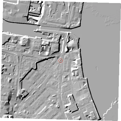 Shaded relief map of the ground around E143NY, computed from Environment Agency LiDAR. The ground here sits at about 2 m above sea level and falls 11 m across the surrounding 800 m. Surface water reaching this point runs off ground lying to the north-west, 6.9 m higher.