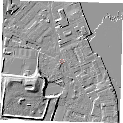 Shaded relief map of the ground around E143NZ, computed from Environment Agency LiDAR. The ground here sits at about 2 m above sea level and falls 12 m across the surrounding 800 m. Surface water reaching this point runs off ground lying to the east-south-east, 4.6 m higher.