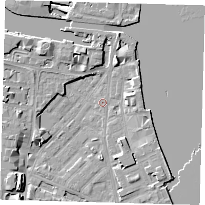 Shaded relief map of the ground around E143PA, computed from Environment Agency LiDAR. The ground here sits at about 2 m above sea level and falls 12 m across the surrounding 800 m. Surface water reaching this point runs off ground lying to the south-west, 8.8 m higher.