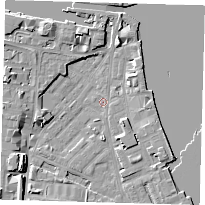 Shaded relief map of the ground around E143PB, computed from Environment Agency LiDAR. The ground here sits at about 2 m above sea level and falls 9 m across the surrounding 800 m. Surface water reaching this point runs off ground lying to the south-west, 8.8 m higher.