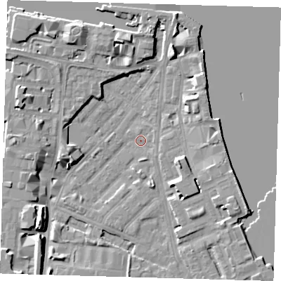 Shaded relief map of the ground around E143PD, computed from Environment Agency LiDAR. The ground here sits at about 2 m above sea level and falls 9 m across the surrounding 800 m. Surface water reaching this point runs off ground lying to the south-south-east, 3.0 m higher.