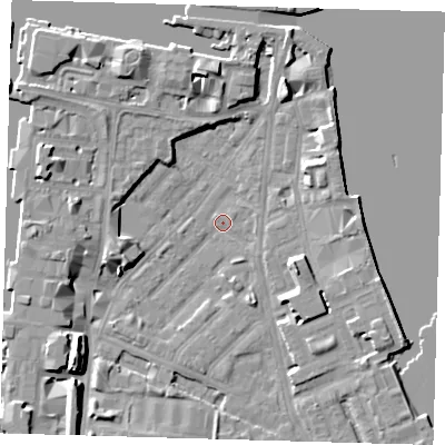 Shaded relief map of the ground around E143PE, computed from Environment Agency LiDAR. The ground here sits at about 2 m above sea level and falls 9 m across the surrounding 800 m. Surface water reaching this point runs off ground lying to the south-west, 8.8 m higher.