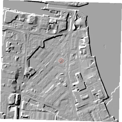 Shaded relief map of the ground around E143PF, computed from Environment Agency LiDAR. The ground here sits at about 2 m above sea level and falls 9 m across the surrounding 800 m. Surface water reaching this point runs off ground lying to the south-west, 8.8 m higher.