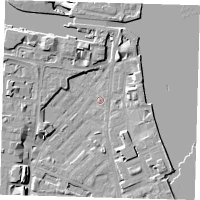 Shaded relief map of the ground around E143PG, computed from Environment Agency LiDAR. The ground here sits at about 2 m above sea level and falls 12 m across the surrounding 800 m. Surface water reaching this point runs off ground lying to the south-west, 8.8 m higher.