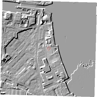 Shaded relief map of the ground around E143PJ, computed from Environment Agency LiDAR. The ground here sits at about 3 m above sea level and falls 9 m across the surrounding 800 m. Surface water reaching this point runs off ground lying to the east, 3.2 m higher.