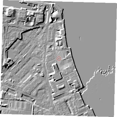 Shaded relief map of the ground around E143PN, computed from Environment Agency LiDAR. The ground here sits at about 3 m above sea level and falls 7 m across the surrounding 800 m. Surface water reaching this point runs off ground lying to the east-north-east, 3.0 m higher.