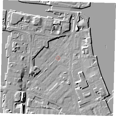Shaded relief map of the ground around E143PQ, computed from Environment Agency LiDAR. The ground here sits at about 2 m above sea level and falls 11 m across the surrounding 800 m. Surface water reaching this point runs off ground lying to the south-west, 8.8 m higher.