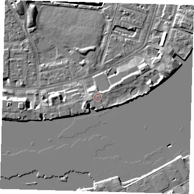 Shaded relief map of the ground around E143PS, computed from Environment Agency LiDAR. The ground here sits at about 5 m above sea level and falls 8 m across the surrounding 800 m. Surface water reaching this point runs off ground lying to the south-south-east, 1.0 m higher.
