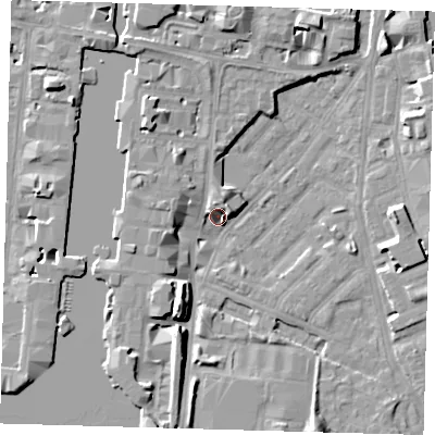Shaded relief map of the ground around E143PT, computed from Environment Agency LiDAR. The ground here sits at about 3 m above sea level and falls 9 m across the surrounding 800 m. Surface water reaching this point runs off ground lying to the south-south-west, 8.8 m higher.