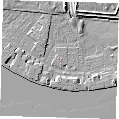 Shaded relief map of the ground around E143PU, computed from Environment Agency LiDAR. The ground here sits at about 3 m above sea level and falls 10 m across the surrounding 800 m. Surface water reaching this point runs off ground lying to the east, 0.6 m higher.